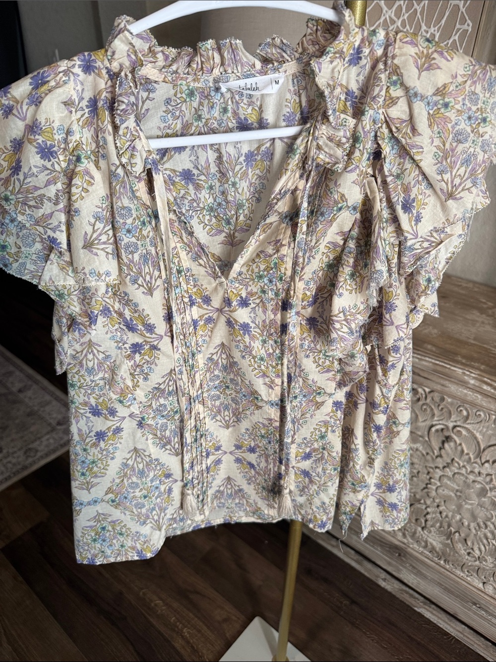 Cream Floral Tie-Neck Ruffle Sleeve Blouse